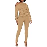 Sexy 2 Piece Outfits for Women One Off Shoulder Tops Ribbed Pant Set Tracksuit Clubwear