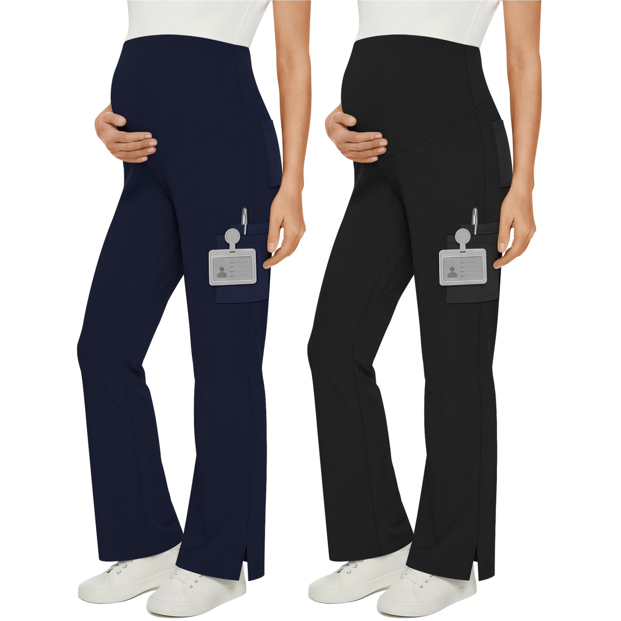 Photo 1 of Velvelhall 2 Pack Women's Maternity Scrub Pants Wide Leg Pregnancy Cargo Pants Over The Belly Stretchy Trousers for Nurse(Navy Blue, Black,Large)