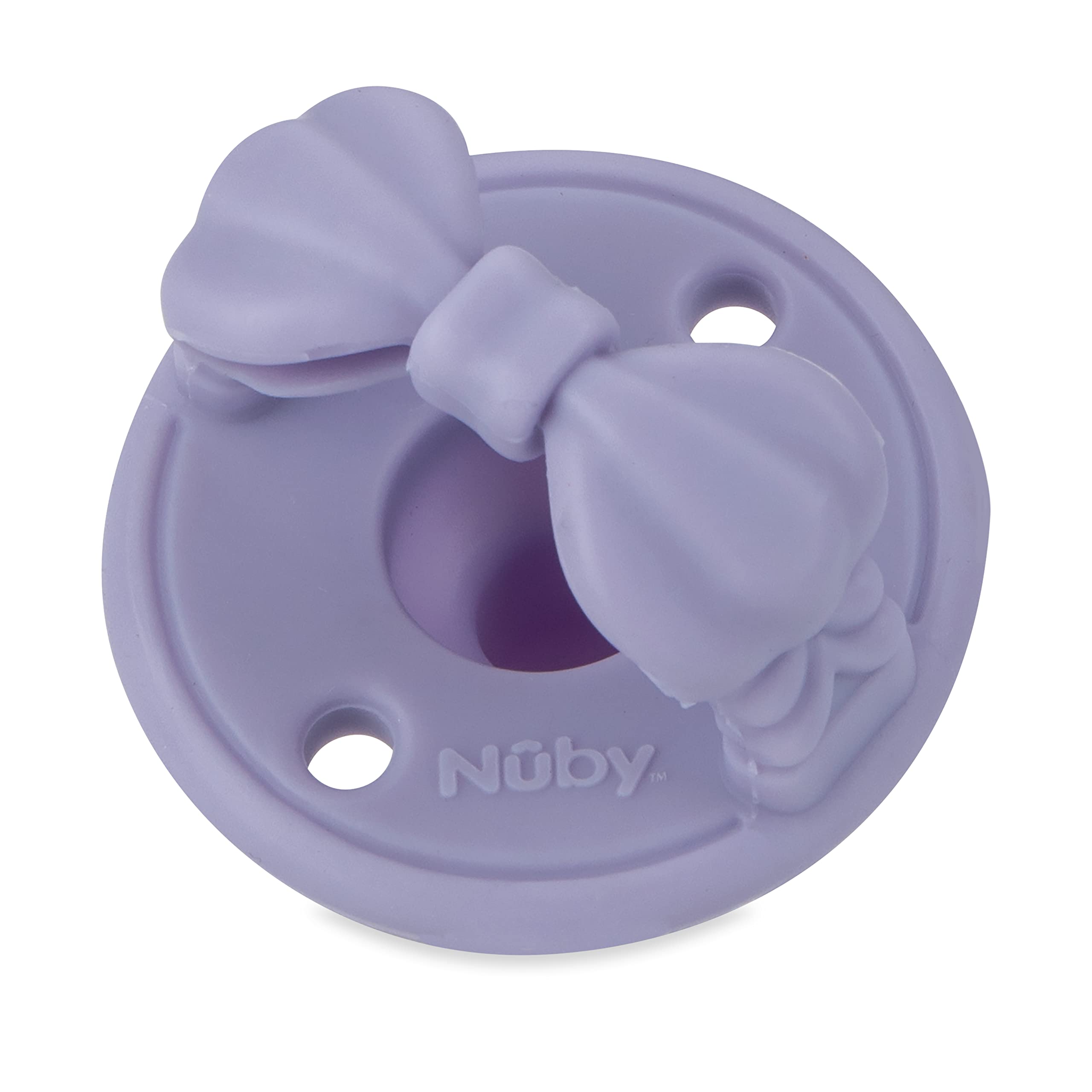 Nuby 3-D Sili Soother Pacifiers with Soft Handle and Two Safety Air Holes, 2 Pack, 0+ Months, Purple Bow and Pink Flowers