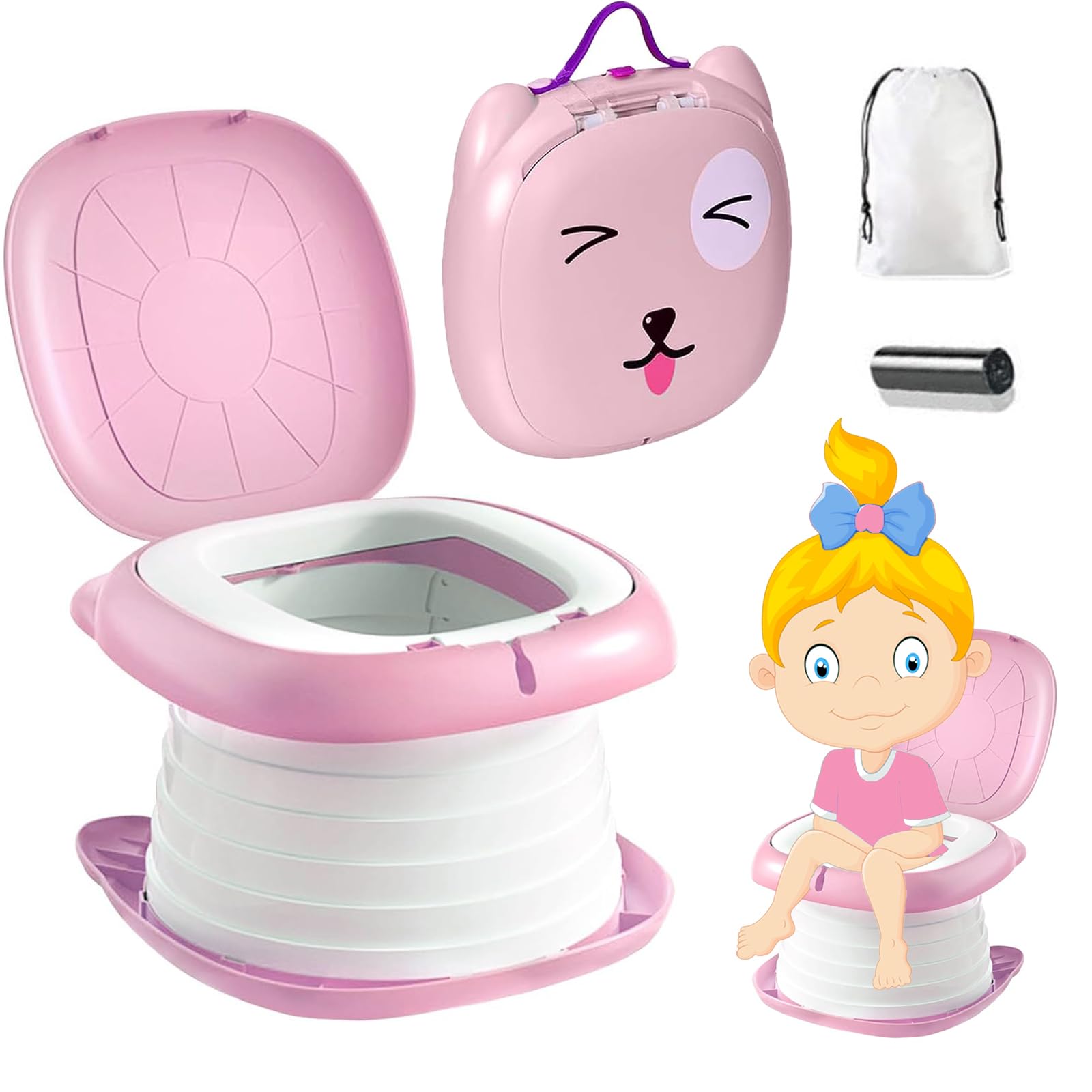 Travel Potty 3-in-1 Portable Potty for Toddlers Foldable Training Toilet Seat Kids Carry Potty Chair for Car Camping Indoor Outdoor Bathroom - KAMHBE (Pink)