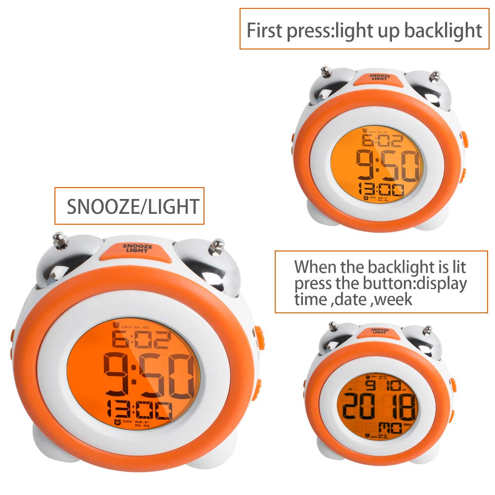 Lolicute Stay-In-Bed Light Clock, Kids Alarm Clock，Double Bell Alarm Clock With Snooze for Kids, Students，Teaches Child When Ok-to Wake Up (Orange)