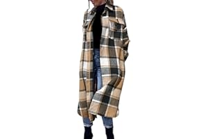 FindThy Women’s Long Plaid Shacket Wool Blend Button Down Shirt Jacket Coat with Pockets