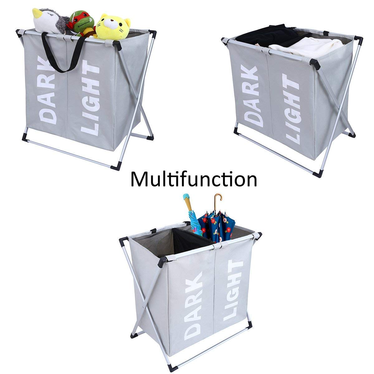 WOWLIVE 2 Section Laundry Hamper X-Frame Double Laundry Basket with Aluminum Frame Durable Dirty Clothes Bag for Bathroom Bedroom Home (Grey)