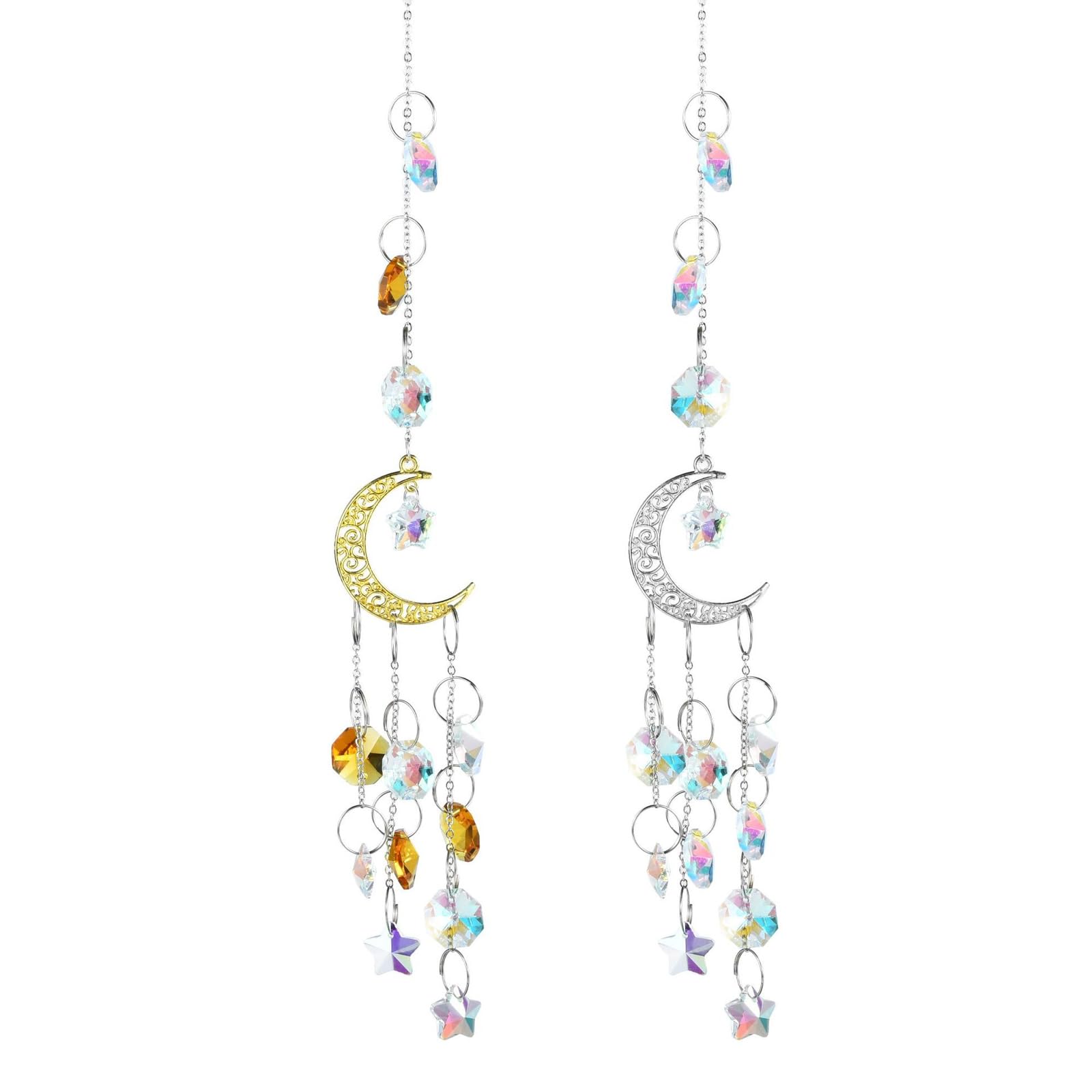 2 PCS Crystal Sun Catchers for Windows,Handcrafted Crystal Suncatchers,Silver Gold Moon Pentagram Window Decoration