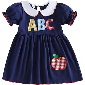 Dobeiokal Toddler Girls Back to School Outfits Striped Apple Print Short Sleeve A-line Dress Cute First Day of School Outfits
