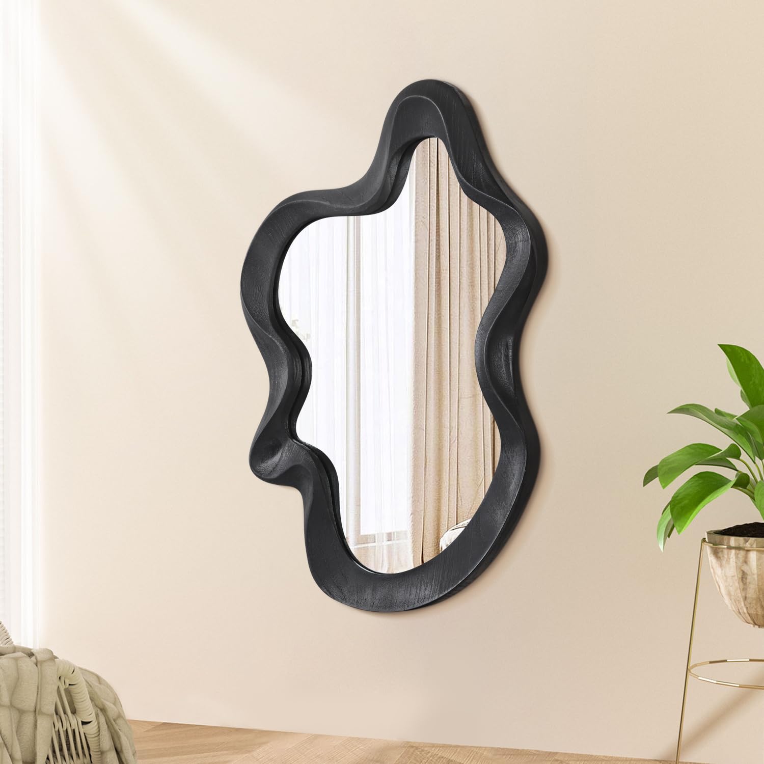 Lzuso Asymmetrical Mirror for Decor Large 55x37cm Modern Wooden Framed Wall Mirrors Unique Shape Wall Mounted Vanity Artistic Wavy Mirror Decorative for Living Room Bedroom Bathroom Entryway Black