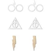 Harry Potter Earrings for Women 3-Pack, Official License Gold or Silver Flash-Plated Deathly Hallows and Lightning Bolt Studs