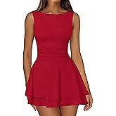 IWD Women's Boat Neck Sleeveless Mini Dress Ruched Waist Flowy Tiered Ruffle Hem A Line Party Short Dresses