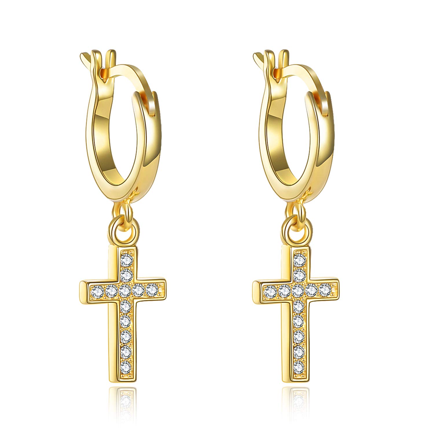 VONALA Cross Dangle Earrings Sterling Silver with White Crystal Hypoallergenic Jewellery Gifts for Women Teens Girls (Gold)