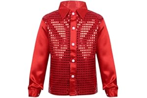 JEATHA Kids Boys Shiny Sequins Lapel Long Sleeve Shirt Hip Hop Jazz Latin Dance Stage Performance Costume