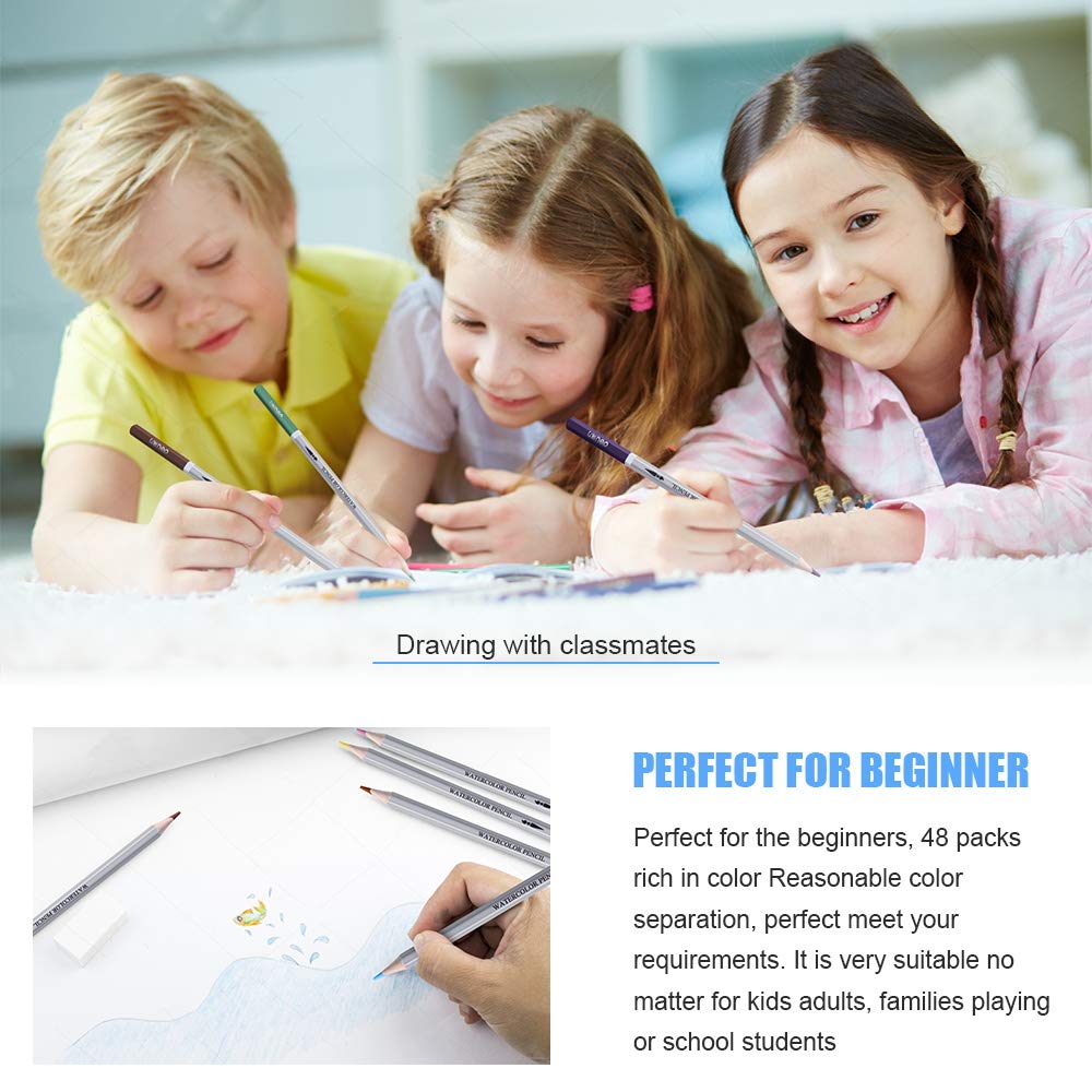 Watercolor Pencils,48 Colored Pencils Set Premier Soft Core,Multicoloured Art Drawing Pencils in Bright Assorted Shades, Ideal for Coloring, Watercolor Techniques