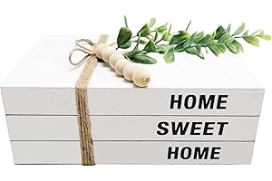 Licornism 3 Pieces Decorative Wooden White Book for Home Decor,Farmhouse Stacked Faux Books with Wood Bead Garland （Home, Sweet, Home）