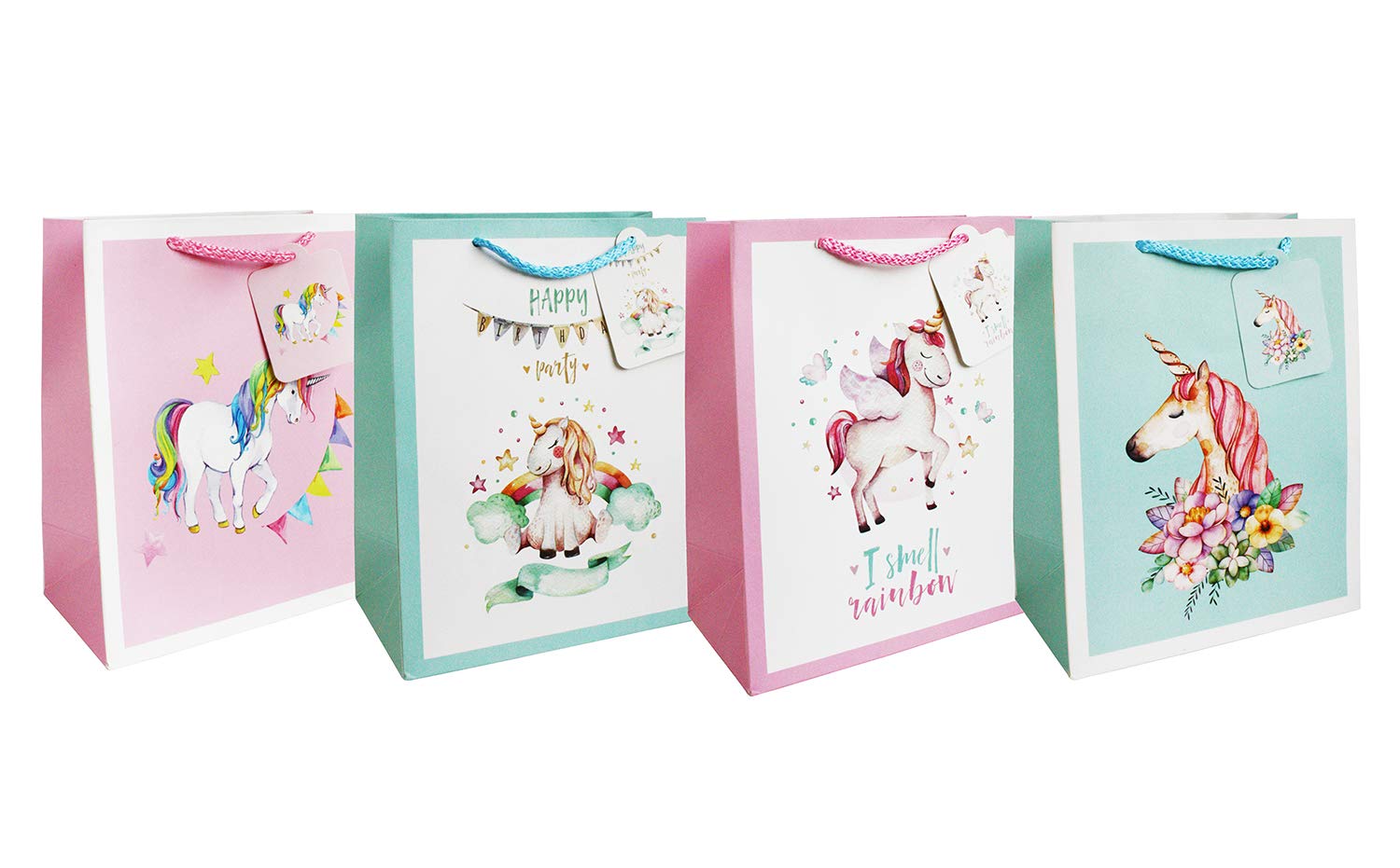 Emartbuy Set of 4 Luxury Gift Bag Strong Laminated Paper Mixed Colours 26 x 32 x 12.5 cm - Unicorn