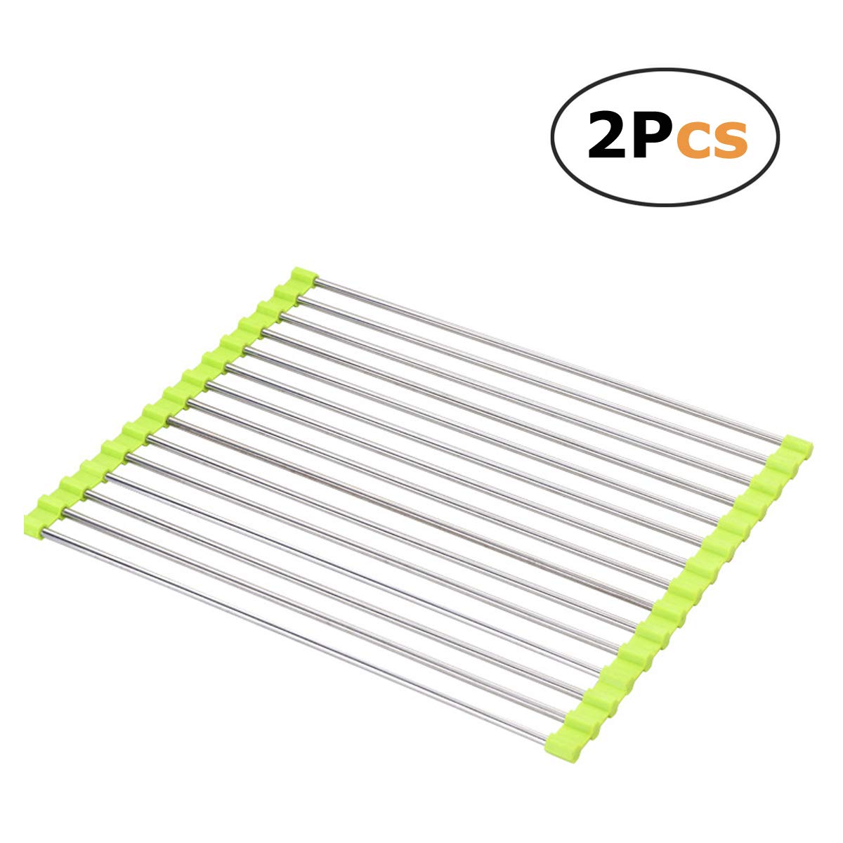 Dish Drying Rack Large Stainless Steel Over the Sink Folding Roll-Up Dish Draining Rack 2 Pcs (green)