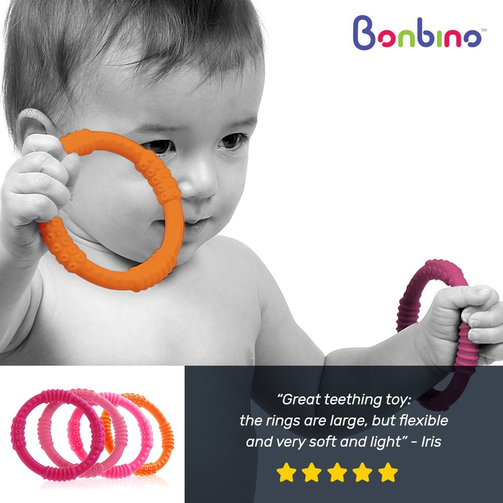 Bonbino Teether Rings - (4 Pack) Silicone Sensory Teething Rings - Soothes Baby Gum Pain! (Pinks and Oranges) : Baby