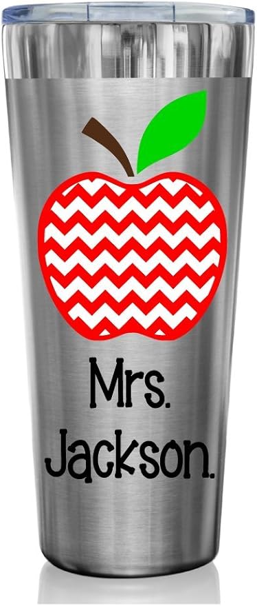 Amazon Com Personalized Large 32 Oz Stainless Travel Mug Tumbler Teacher Apple Chevron Design With Name By De La Design Gifts Kitchen Dining