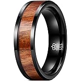 THREE KEYS JEWELRY 6mm Black Ceramic Wedding Ring with Real Koa Wood Inlay Flat Top Wedding Band Engagement Ring Comfort Fit Size 10