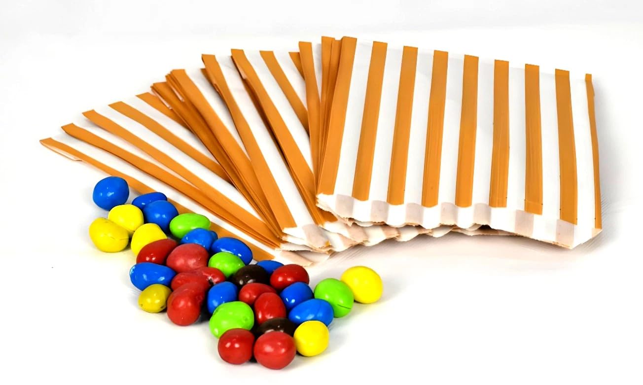 5" x 7" Gold Candy Striped Sweet Paper Bags | Pack of 200 | Wedding Buffet Favour Cake Gift Pick n Mix Shop