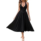 Parthea Women's Summer Midi Dress Smocked Gingham Halter V Neck Sundress Elegant Flowy A Line Beach Long Dresses