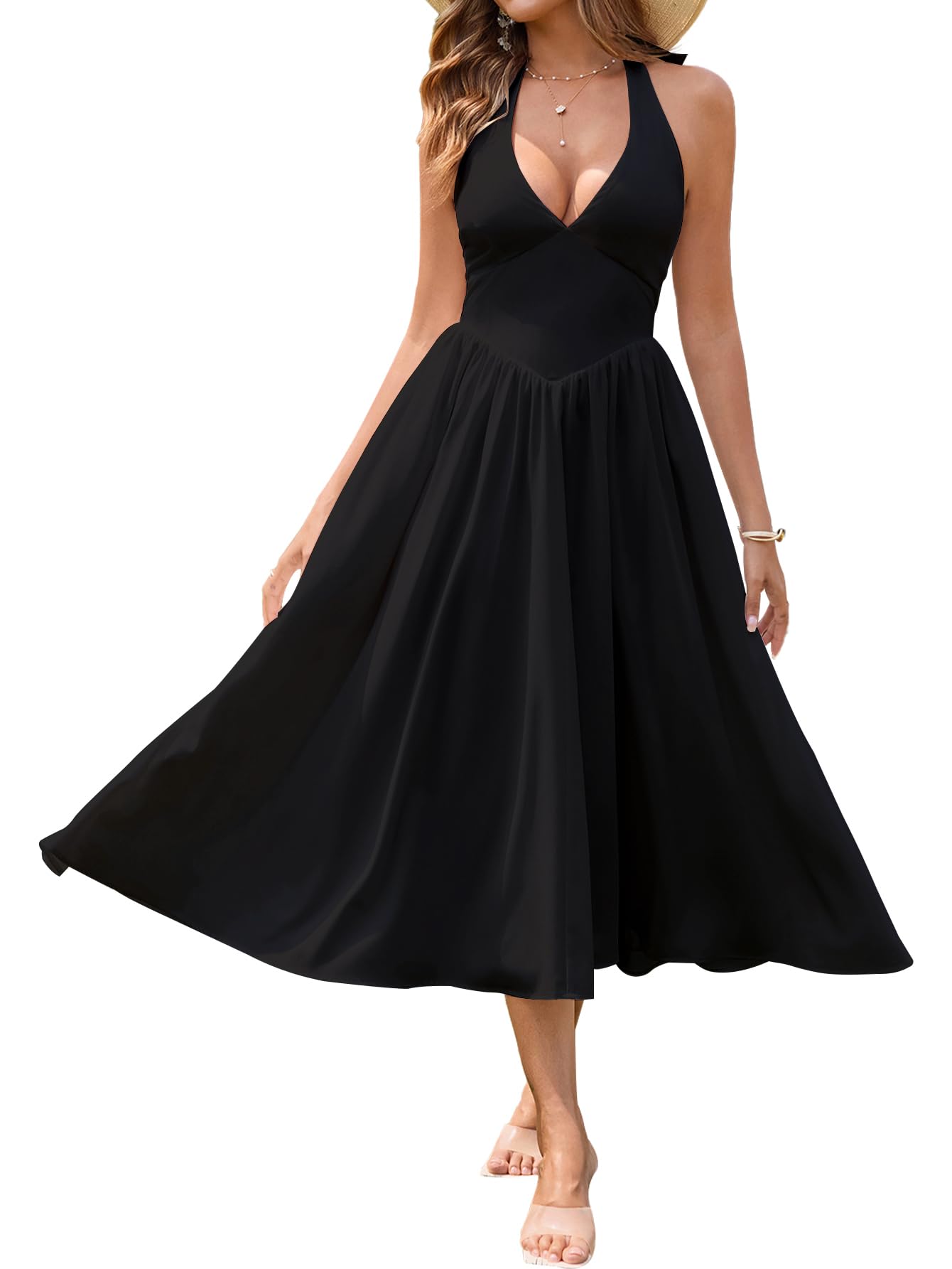 Photo 1 of Parthea Women's Summer Midi Dress Smocked Black Halter V Neck Sundress Elegant Flowy A Line Beach Long Dresses