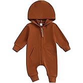 allshope Newborn Baby Boy Girl Fall Outfit Romper Long Sleeve Hooded Solid Zipper Jumpsuit Bodysuit Infant Clothes
