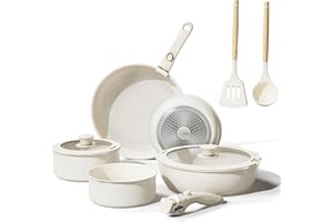 Bazova 11 Pcs Pots and Pans Set Non Stick with Removable Handles,Ceramic Cookware Set Non Toxic,Induction Kitchen Cooking Sets,Nonstick RV Cookware,Dishwasher/Oven Safe,PFAS/PTFE/PFOA Free,Cream White