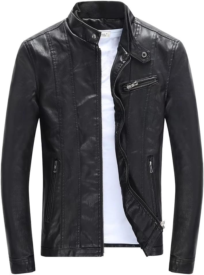 ClairSue Mens Harrington Leather Jacket Zipped Casual Autumn Warm Winter Biker Thicken Fur PU Fit Fleece Slim Coat Outwear