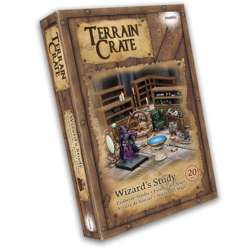 Mantic TerrainCrate: Wizard's Study Games | 20 Pre-Coloured 28mm PVC Terrain Pieces | Fantasy Scenery for D&D, Pathfinder, Warhammer | Includes Bookcases, Orrery, Owl, Scrying Pool & More