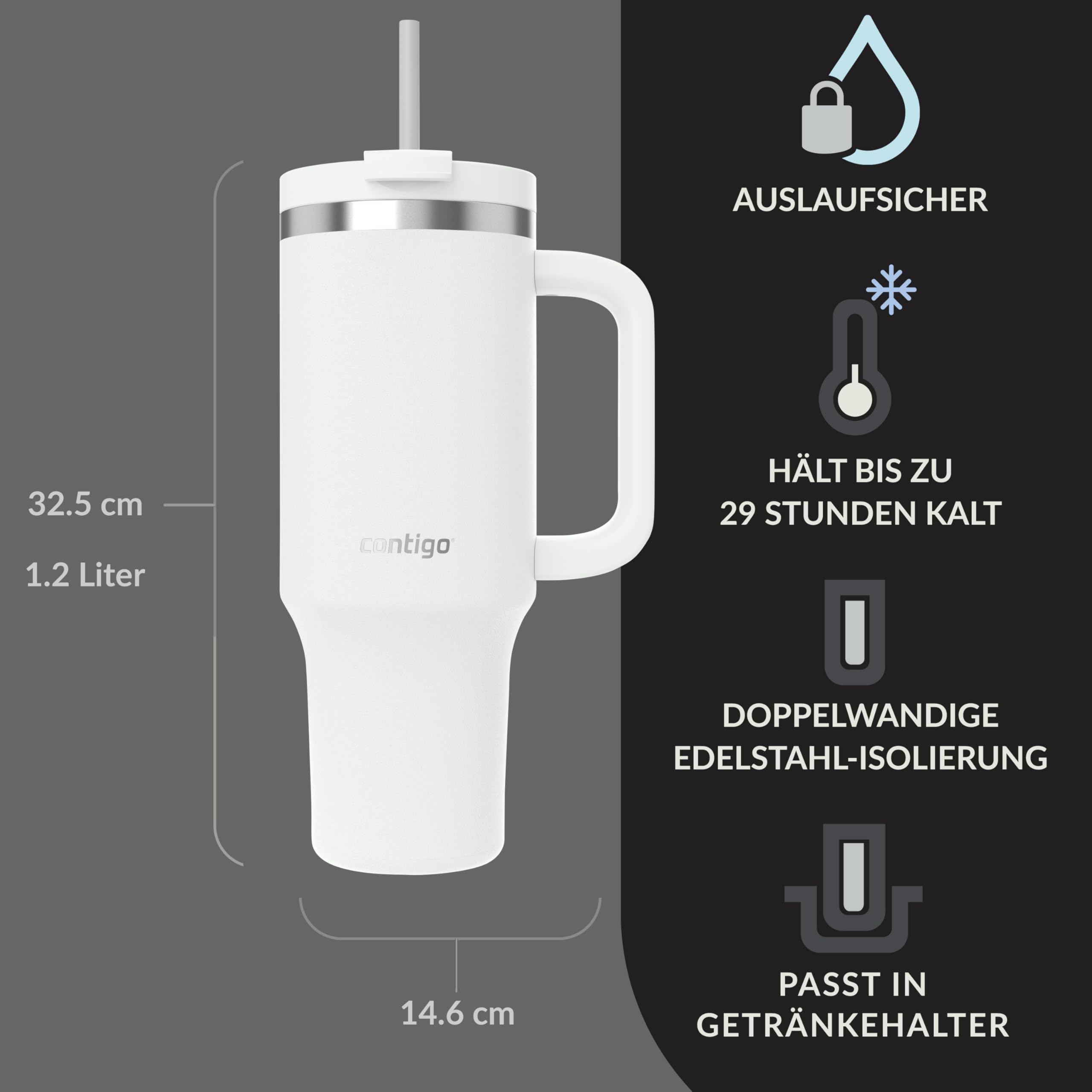 Contigo Thermosflasche 1200 ml mit Henkel und Strohhalm | Isolierte Thermo-Trinkflasche aus Edelstahl mit Deckel | Kühlt 29 Stunden | Reisebecher | Thermobecher | BPA-frei 2