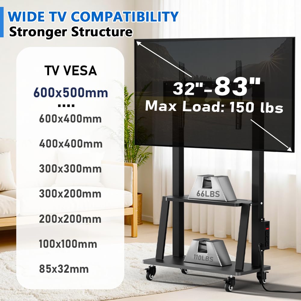 Mobile TV Stand with Power Outlet, Portable TV Stand on Wheels for 32 to 65 70 75 83 inch TV, Height Adjustable,Holds up to 130LBS, Vesa 600×400mm.