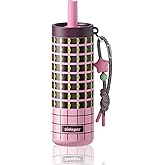 Sidagar 24 oz Tumbler with Handle and Straw, Leak-proof Reusable BPA-Free Cup, Balletcore Berry Pink Grid, Commute Yoga Office Travel, Picnic & Campus Essentials, Star Charm - Berry Pink