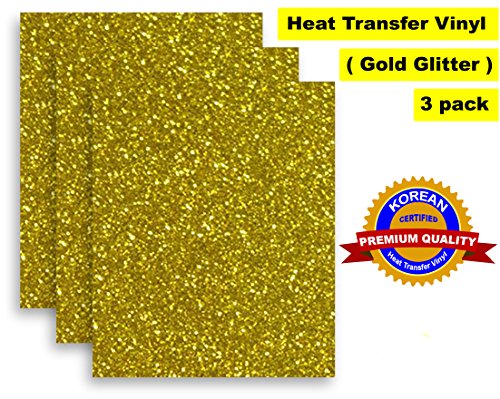 Heat Transfer Vinyl, 3 Pack Gold Glitter htv Vinyl for T-Shirt, 10"x12” Premium HTV Vinyl Sheets, Iron On, Heat Press, Cricut Press Vinyl, Easy to Cut, Weed, Excellent Durable htv, Silhouette Cameo