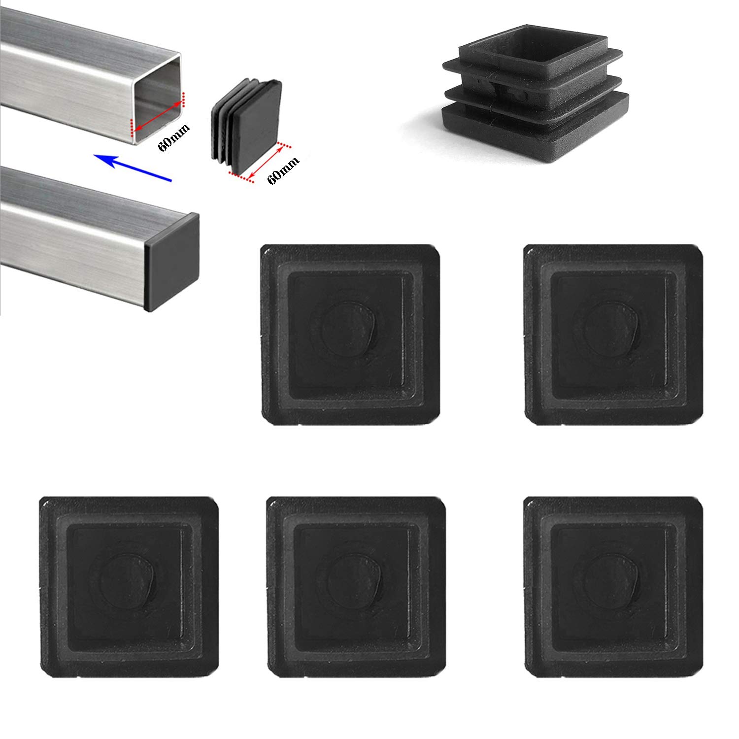 YouU 6 Pcs Black Square Plastic Plug 60x60mm 2.4 Inch End Cap Fence Post Pipe Cover Tube Chair Glide Insert Finishing Plug Heavy Duty Tubing Post End Cap