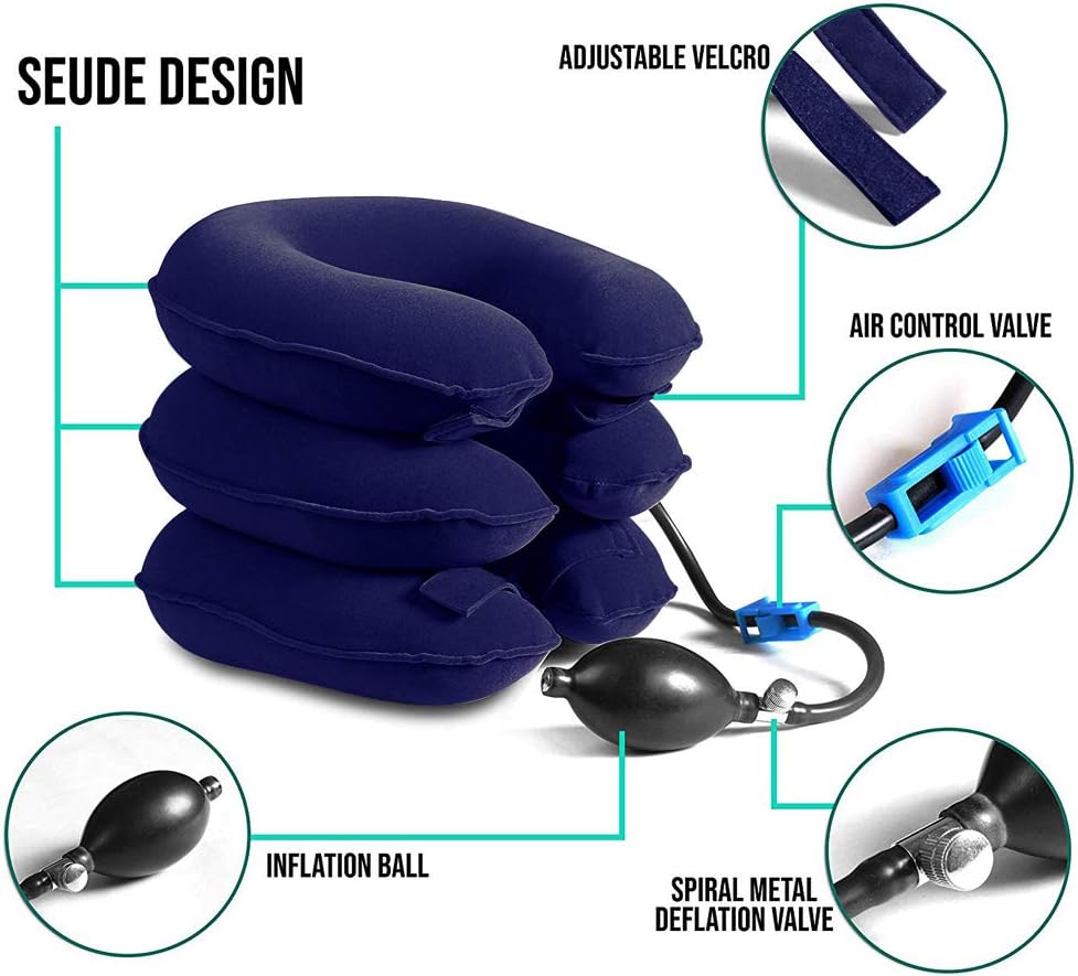 Cervical Neck Traction - Effective Neck Pain Remedy at Home - Inflatable & Adjustable Neck Stretcher Collar Device - Ideal for Spine Alignment & Chronic Neck & Shoulder Pain Relief (Blue): Health & Personal Care