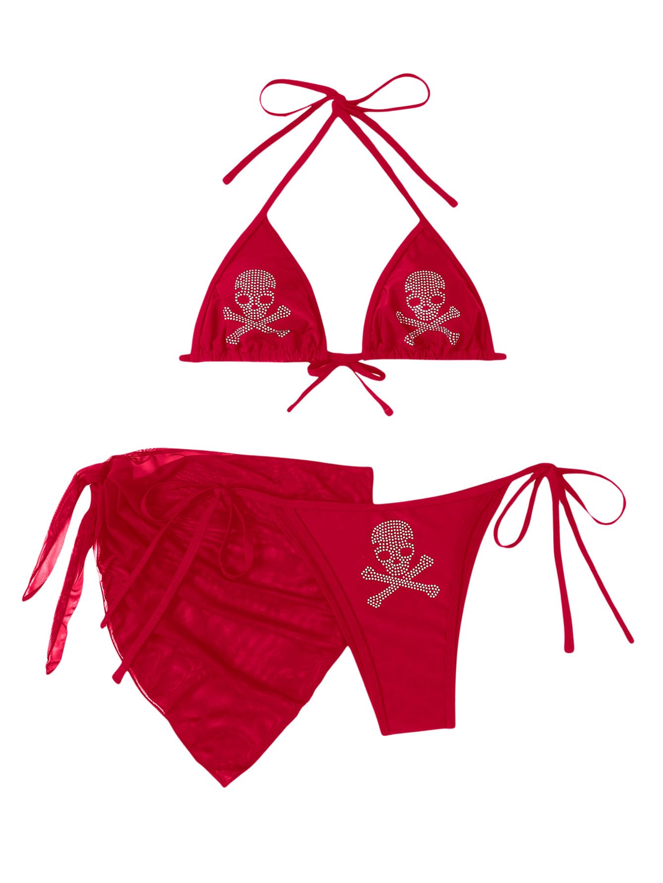 Photo 1 of ***(MISSING TOP)***WDIRARA Women's Skull Rhinestone Triangle Halter Tie 3 Piece Metallic Swimsuit and Wrap Skirt Red Solid Medium