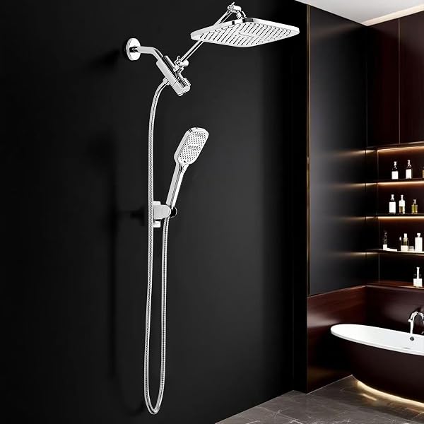12″ RAIN SHOWER HEAD WITH HANDHELD SPRAY, RAINFALL SHOWER HEAD WITH HANDHELD COMBO, 11″ STAINLESS STEEL EXTENSION ARM WITH HEIGHT & ANGLE ADJUSTABLE HIGH PRESSURE SHOWERHEADS, CHROME