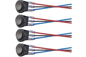 QOFOWIN Round Rocker Switch,12V 20A/24V10A 3Pin Dot red Light SPST Small Rocker Switch with 16awg 10cm Wires for Auto Car Marine Boat(4Pcs+Wire)(Red).