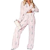 Alyweatry Women Christmas Santa Pajama Set Long Sleeve Button Down 2 Piece Lounge Pjs Set Holiday Sleepwear