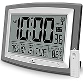WallarGe Atomic Clock with Outdoor and Indoor Temperature - 12.5 Inch Self-Setting Digital Clock Large Display, Battery Operated Wall Clocks or Desk Clocks for Bedroom, Livingroom, Office