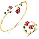 Red Rose Flower Bracelets Rings for Women Elegant Enamel Rose Flowers Floral Green Leaf Opening Adjustable Promise Love Jewelry Set for Valentines Day Wedding Bridal Birthday Anniversary Party Jewelry