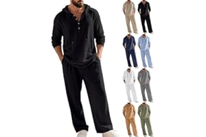 Men's 2 Piece Linen Shirts with Hoodie Suit Long Sleeve Pants set, Men's Hooded Casual Loose Top & Pants 2-Piece Set