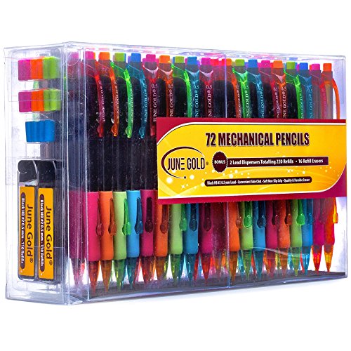 June Gold 72 Mechanical Pencils, 0.5 mm HB #2 Lead, 2 Lead Dispensers /w 220 Refills & 16 Refill Erasers, Break Resistant, Convenient Side Click & Soft Non-Slip Grip