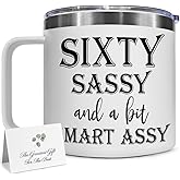 SUUURA-OO 60th Birthday Coffee Mug Gifts for Women/Sixty Sassy And A Bit Smart Assy Stainless Steel Tumbler 14OZ White / 60 Birthday Decorations for Her/Christmas Mug Gift for Mom, Grandma, Wife