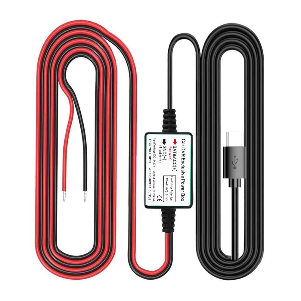 Gebildet Dash Cam Hardwire Kit, Type C USB Straight Connector Port, Low Voltage Protection for Dash Cam Cameras, DC 12V - 24V to 5V/2.5A Max Car Charger Cable kit with Fuse