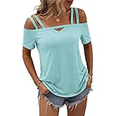 Micticsi Womens Cold Shoulder Tops for Women Summer Sexy Cut Out Tops Short Sleeve Criss Cross Casual Shirts