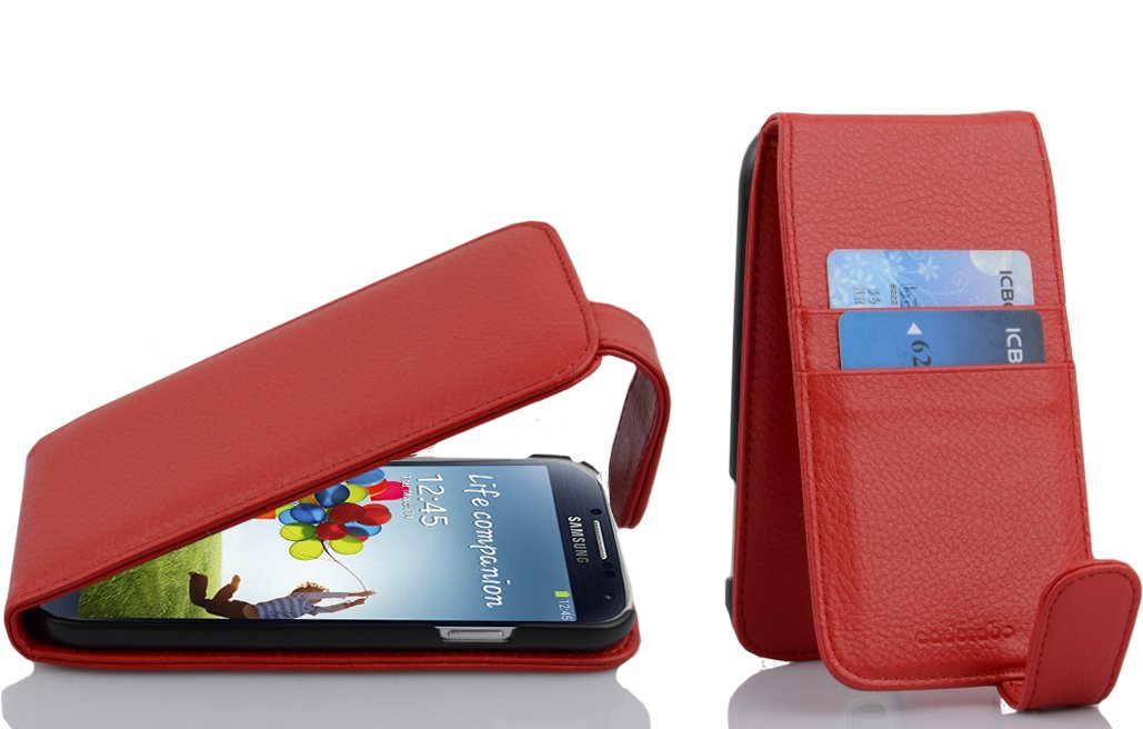 cadorabo Case works with Samsung Galaxy S4 in CANDY APPLE RED - Flip Style Case made of Faux Leather with Card Slot - Wallet Etui Cover Pouch PU Leather Flip