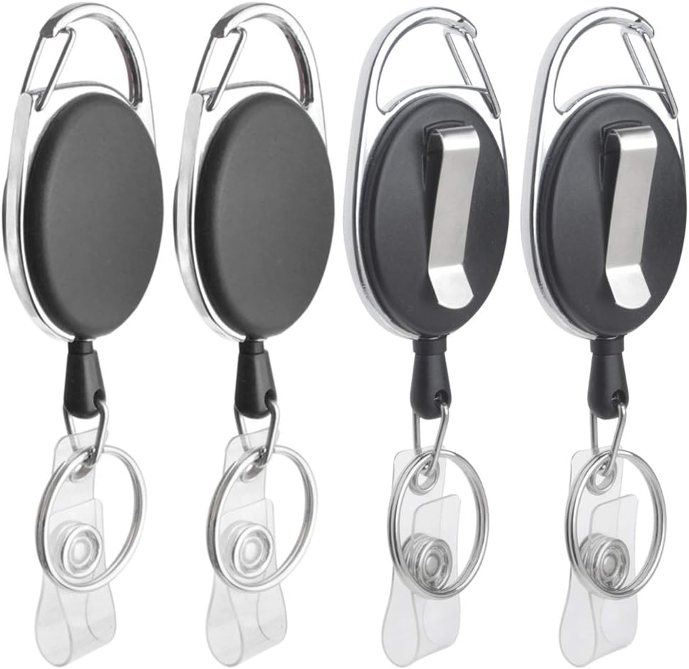 GOGO 4 Packs Retractable Keychain Badge Holder with Carabiner Reel Belt Clip and Key Ring, Black