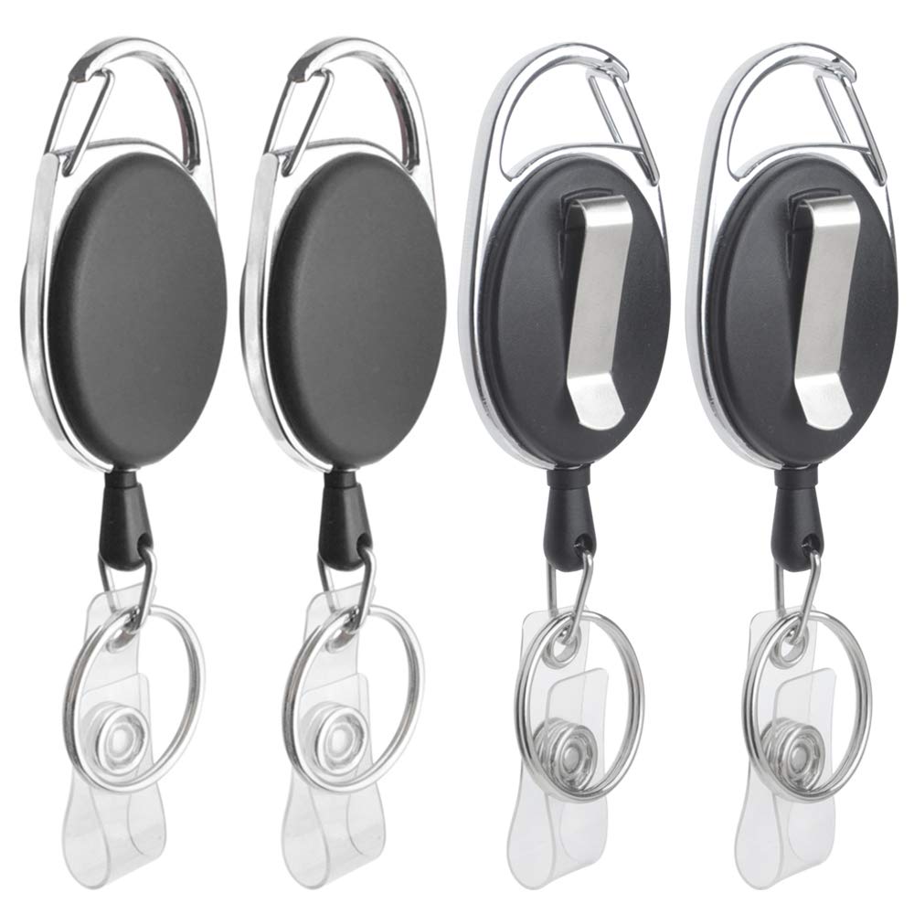 GOGO 4 Packs Retractable Keychain Badge Holder with Carabiner Reel Belt Clip and Key Ring, Black