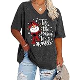 FCHICH Plus Size V Neck Merry Christmas T Shirt Women Cute Xmas Trees Graphic Tee Casual Loose Fit Holiday Tops Blouse