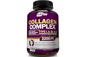 NutriFlair Multi Collagen Peptides 2250mg, 180 Capsules - Type I, II, III, V, X - Collagen Supplements Complex Powder Pills for Women and Men - Hydrolyzed Protein, Healthy Hair, Skin, Nails - Non-GMO